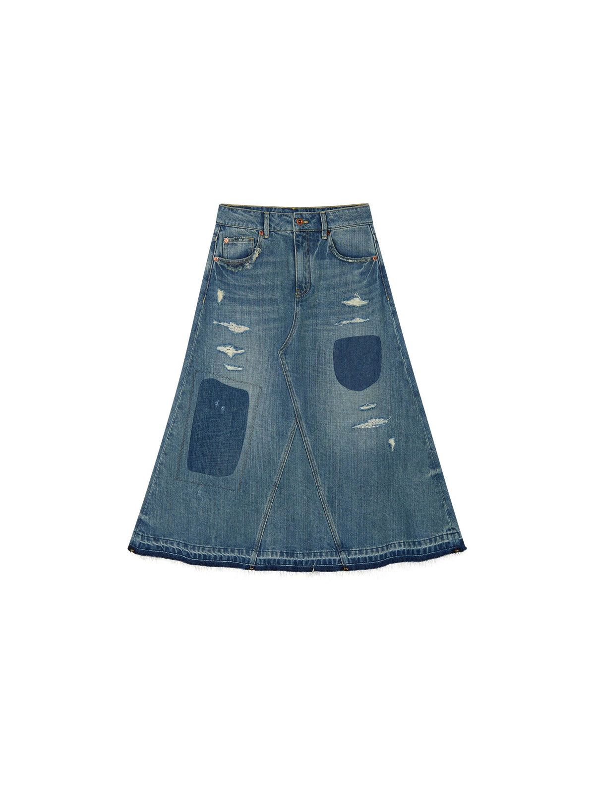 Distressed patchwork denim skirt