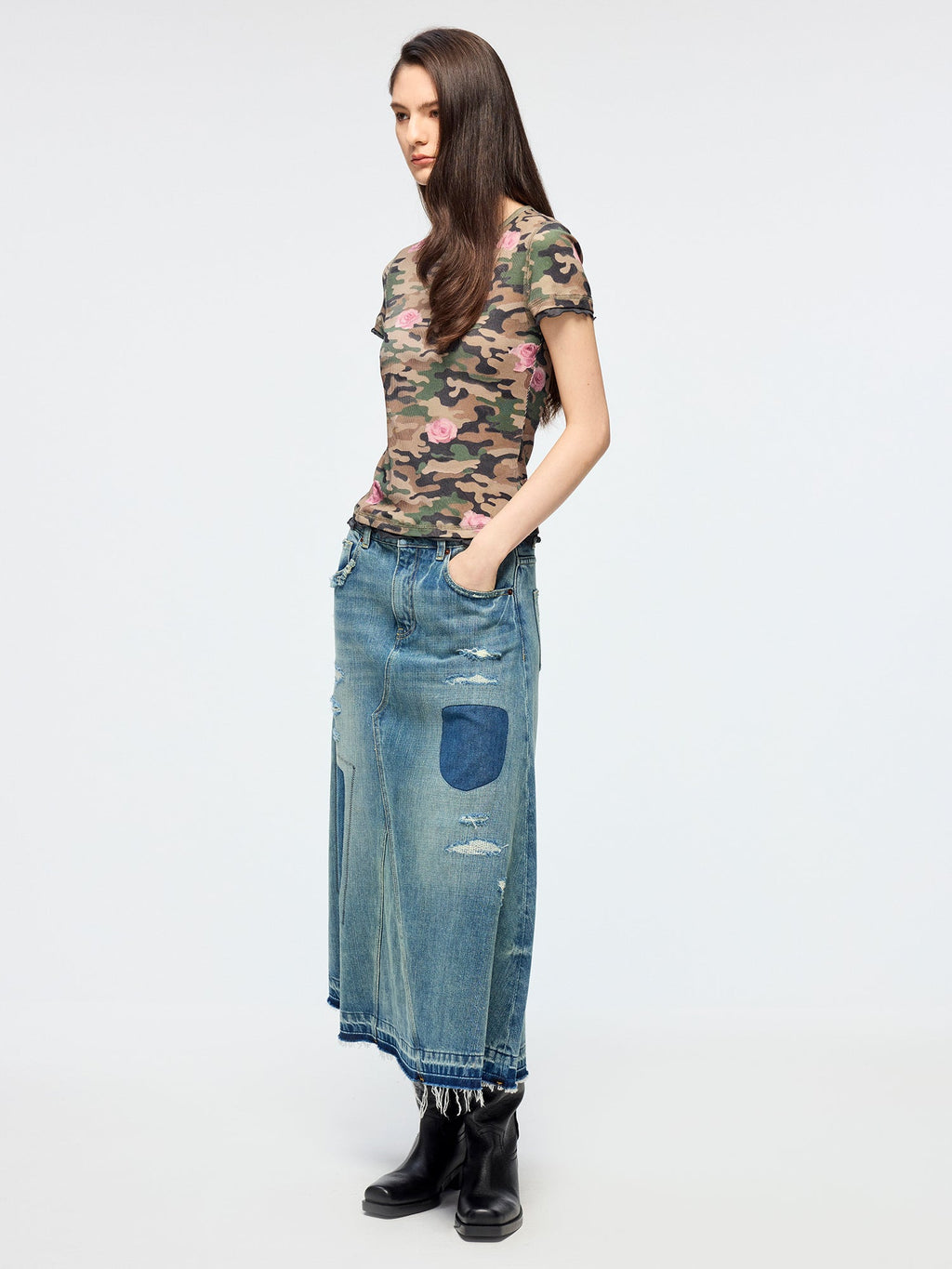 Distressed patchwork denim skirt