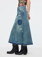Distressed patchwork denim skirt