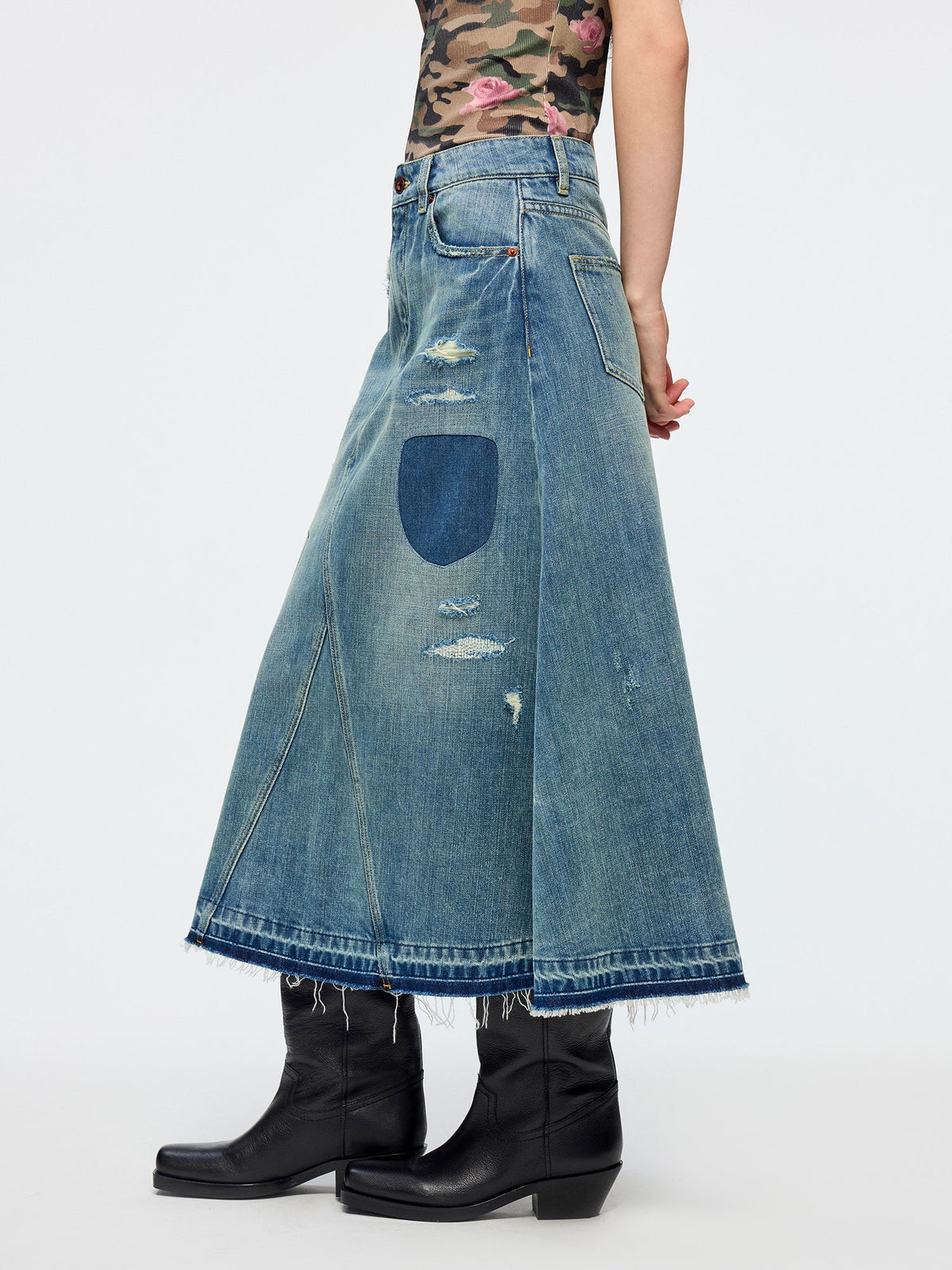 Distressed patchwork denim skirt