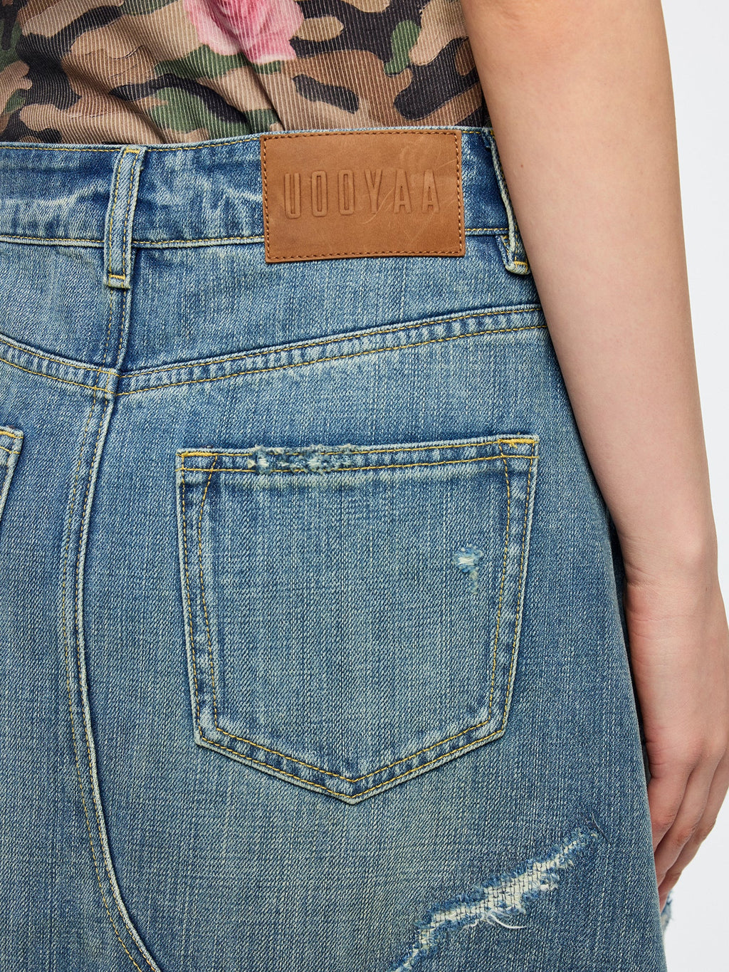 Distressed patchwork denim skirt