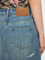 Distressed patchwork denim skirt