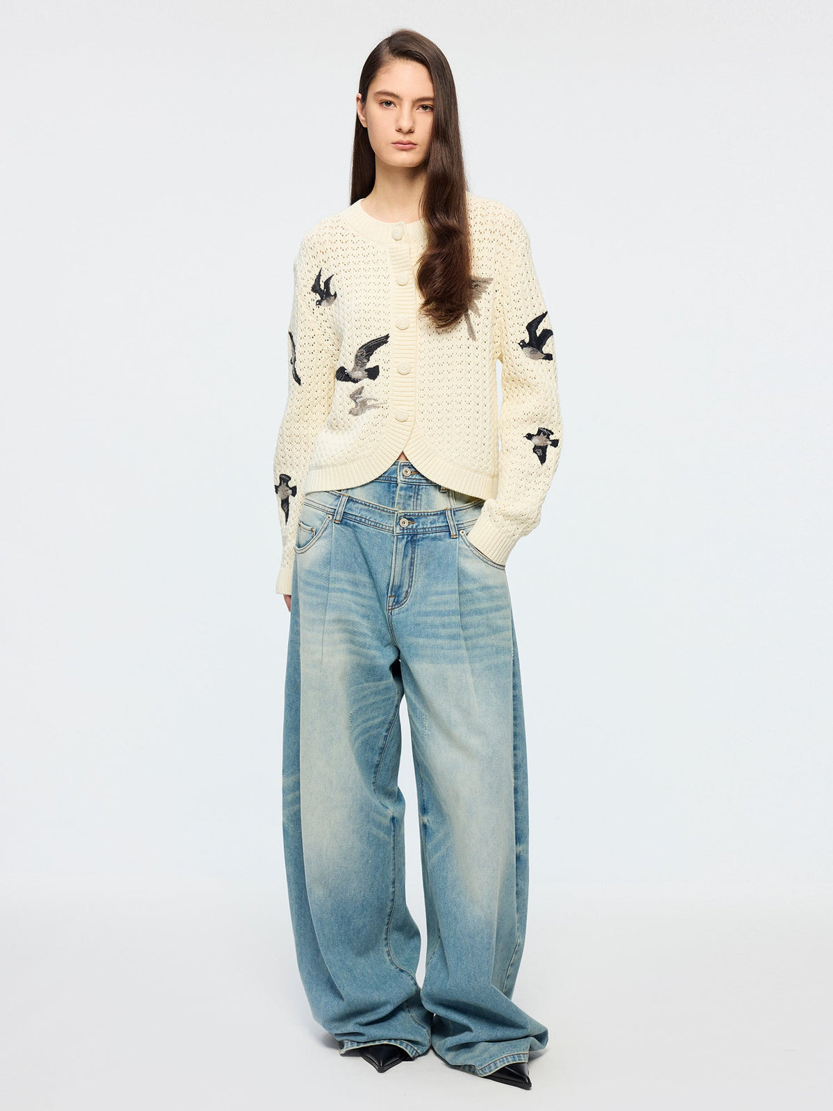 Detachable double waist curved jeans