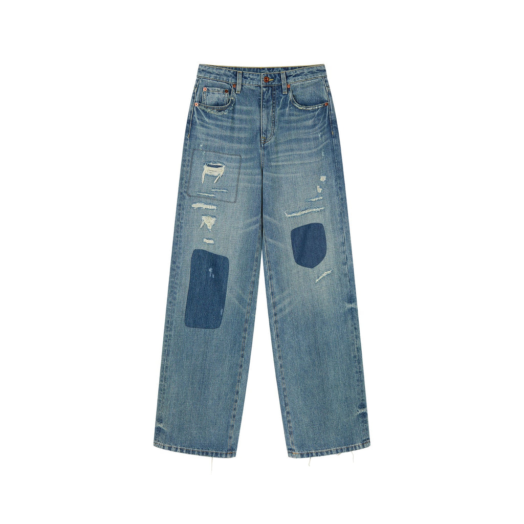 Distressed patchwork jeans
