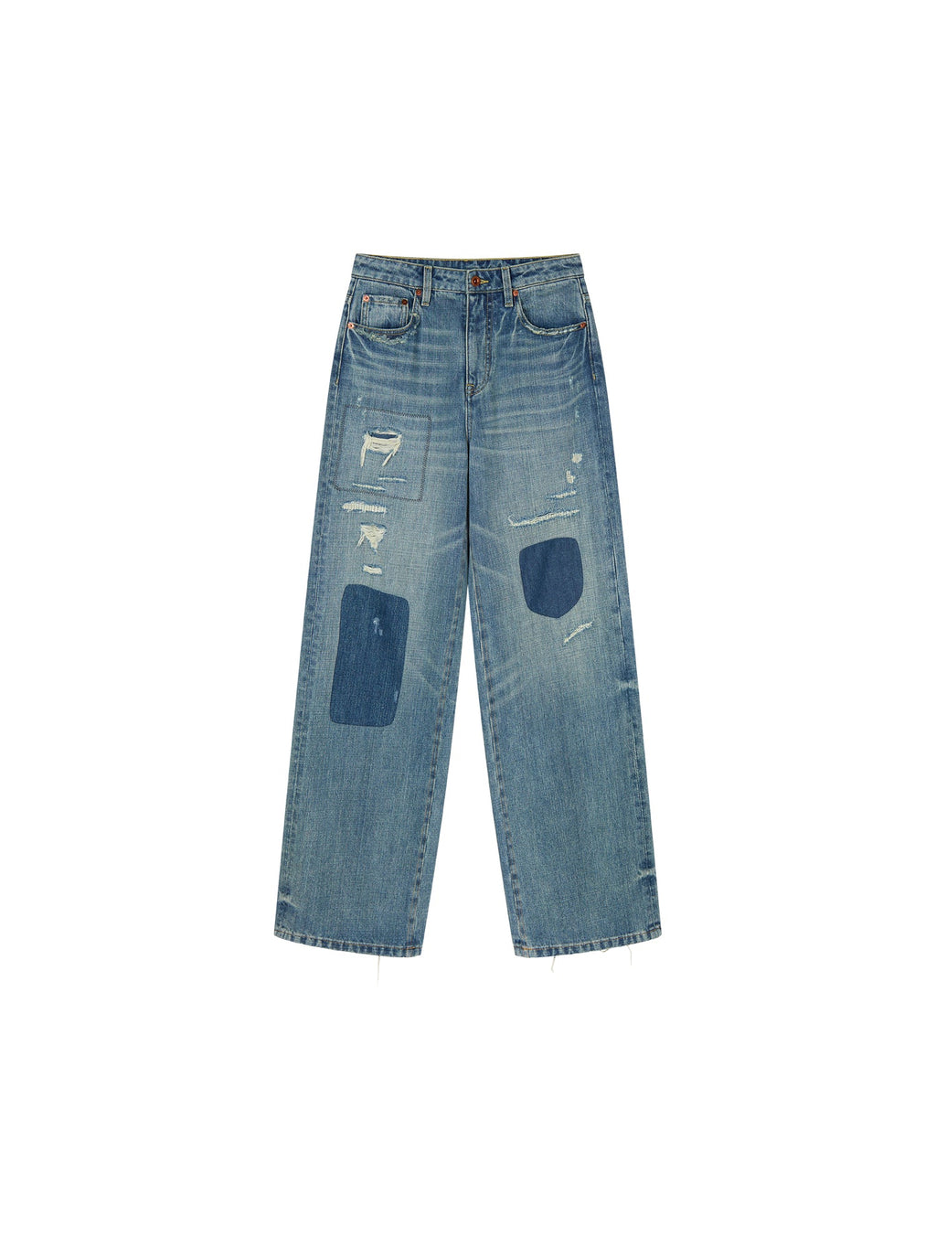 Distressed patchwork jeans
