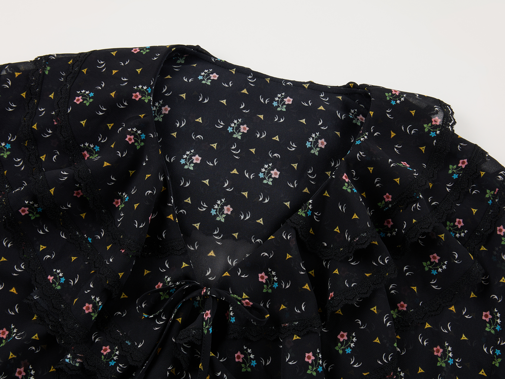 Floral ruffle tie neck shirt
