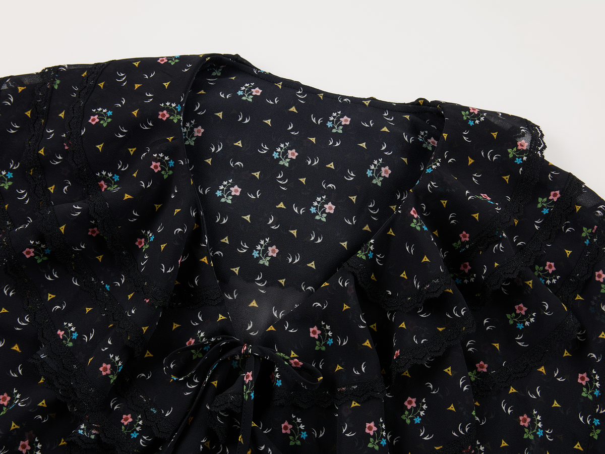 Floral ruffle tie neck shirt