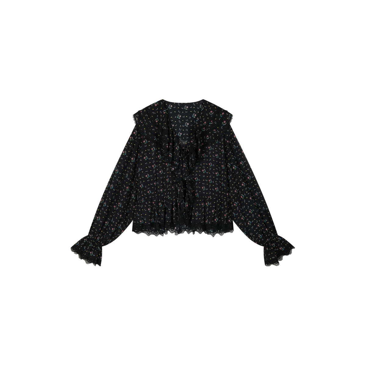 Floral ruffle tie neck shirt