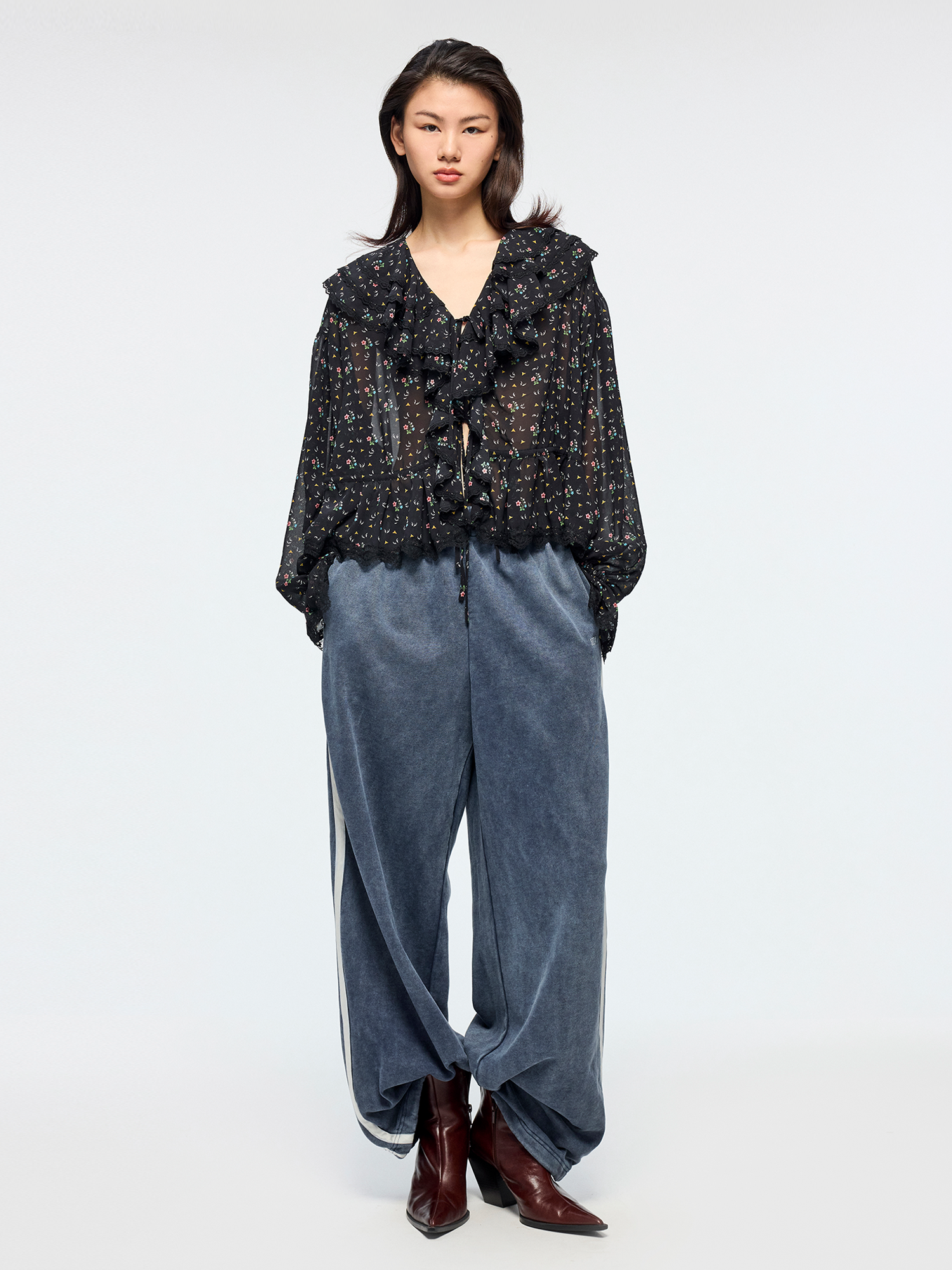 Floral ruffle tie neck shirt