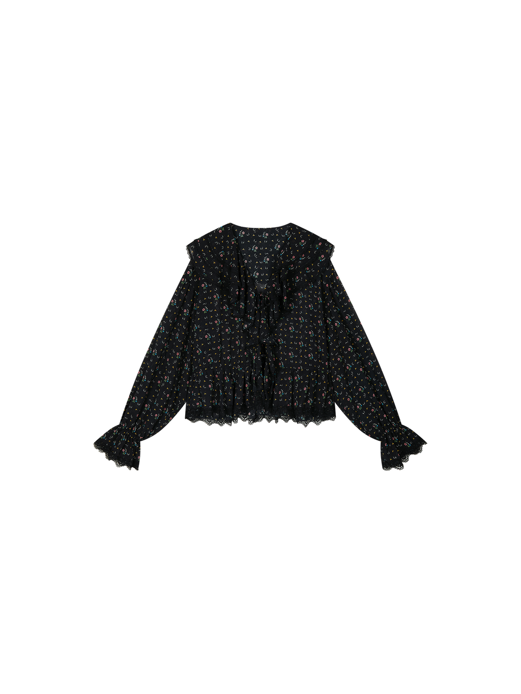 Floral ruffle tie neck shirt