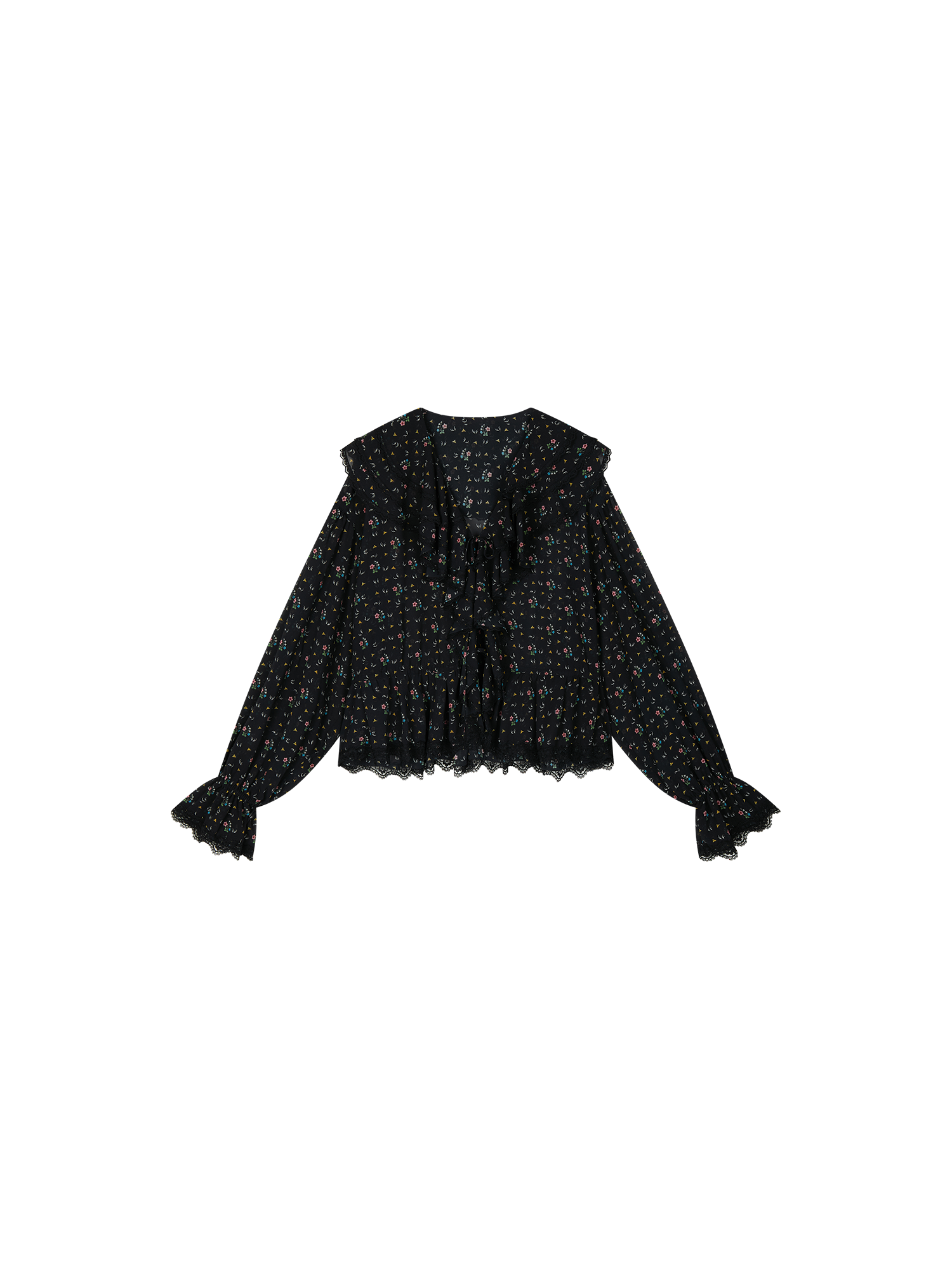 Floral ruffle tie neck shirt
