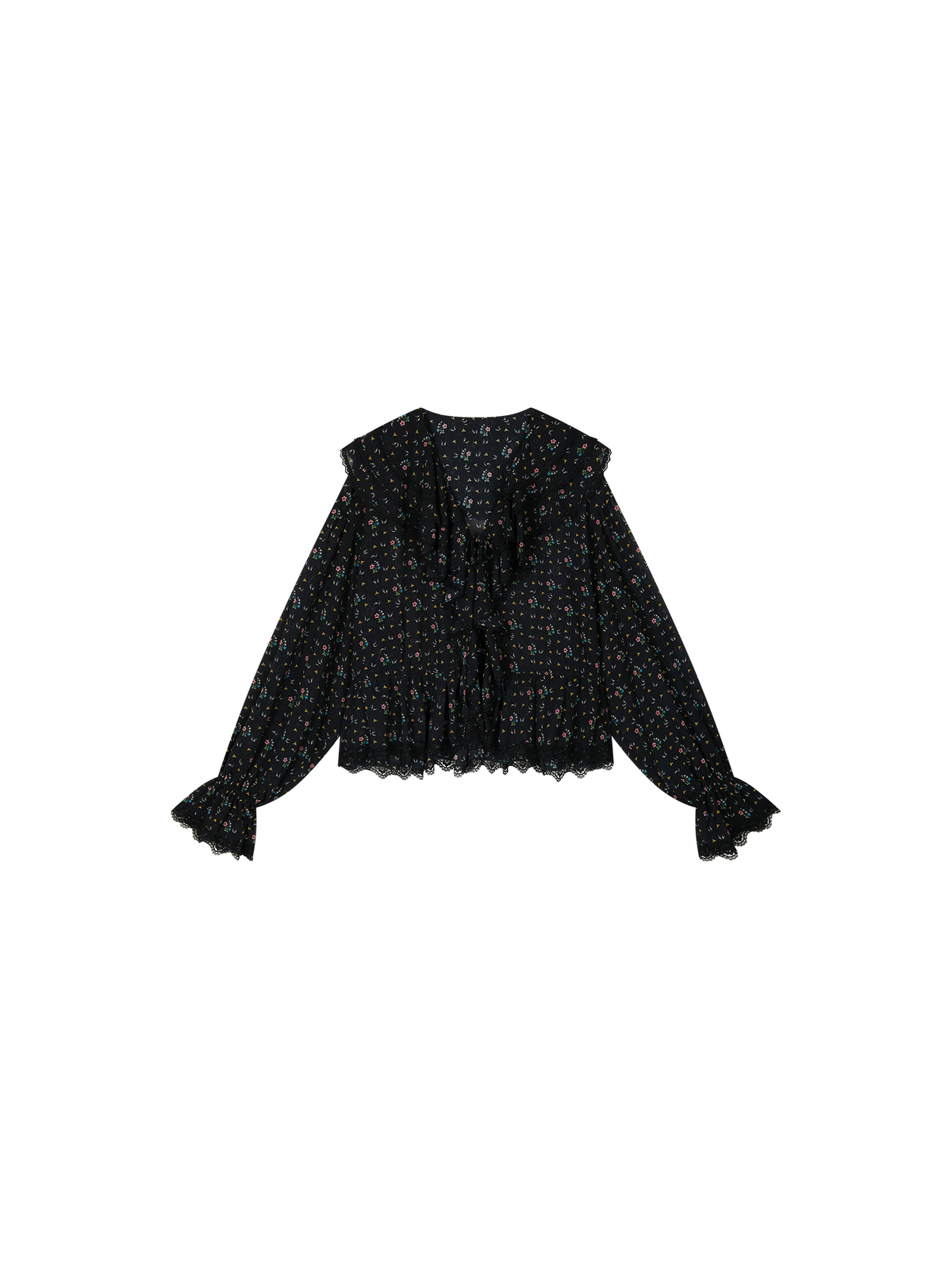 Floral ruffle tie neck shirt