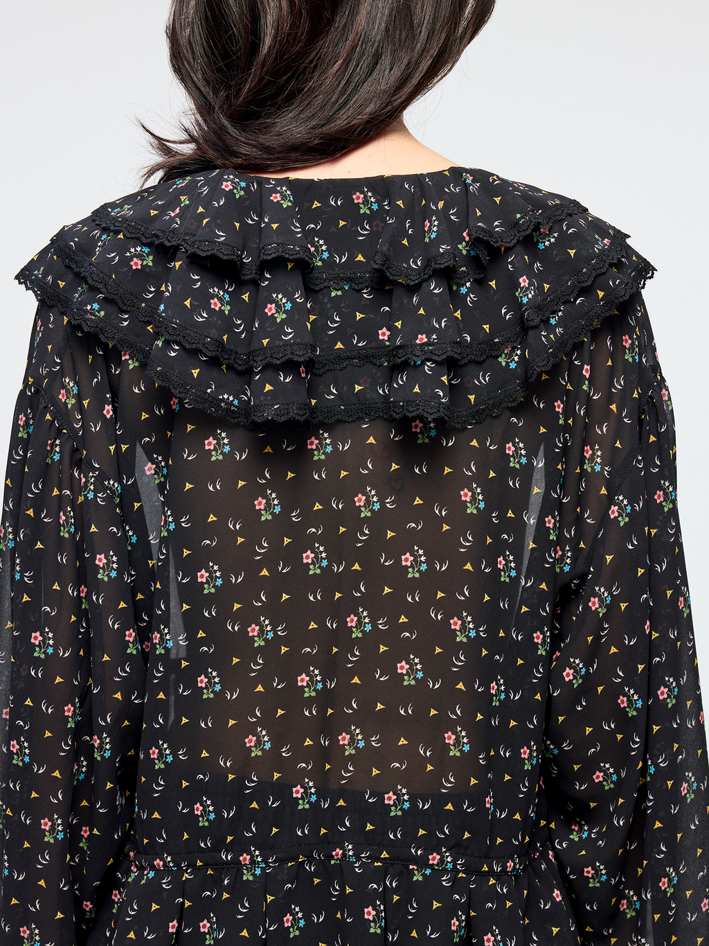 Floral ruffle tie neck shirt