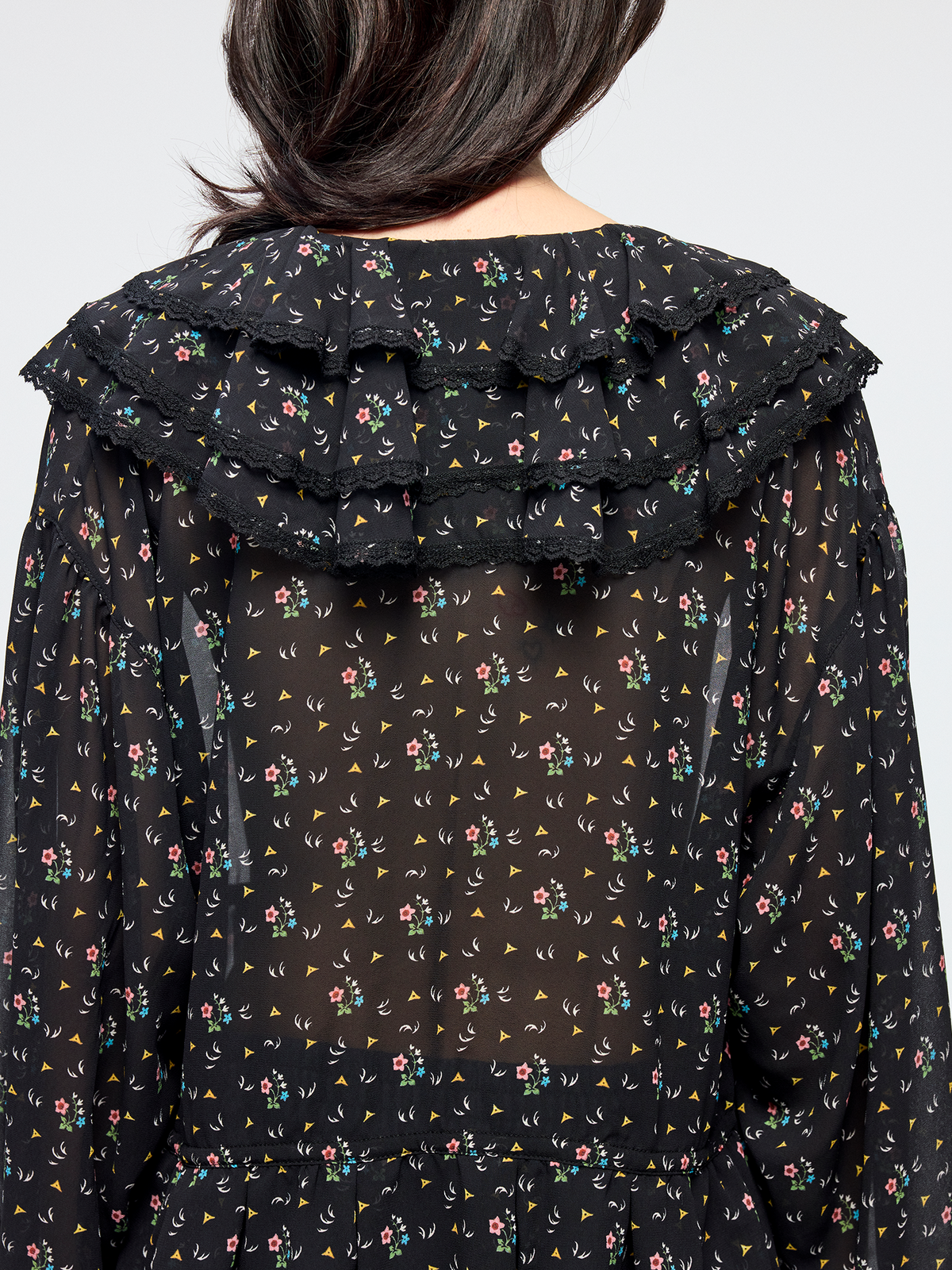Floral ruffle tie neck shirt