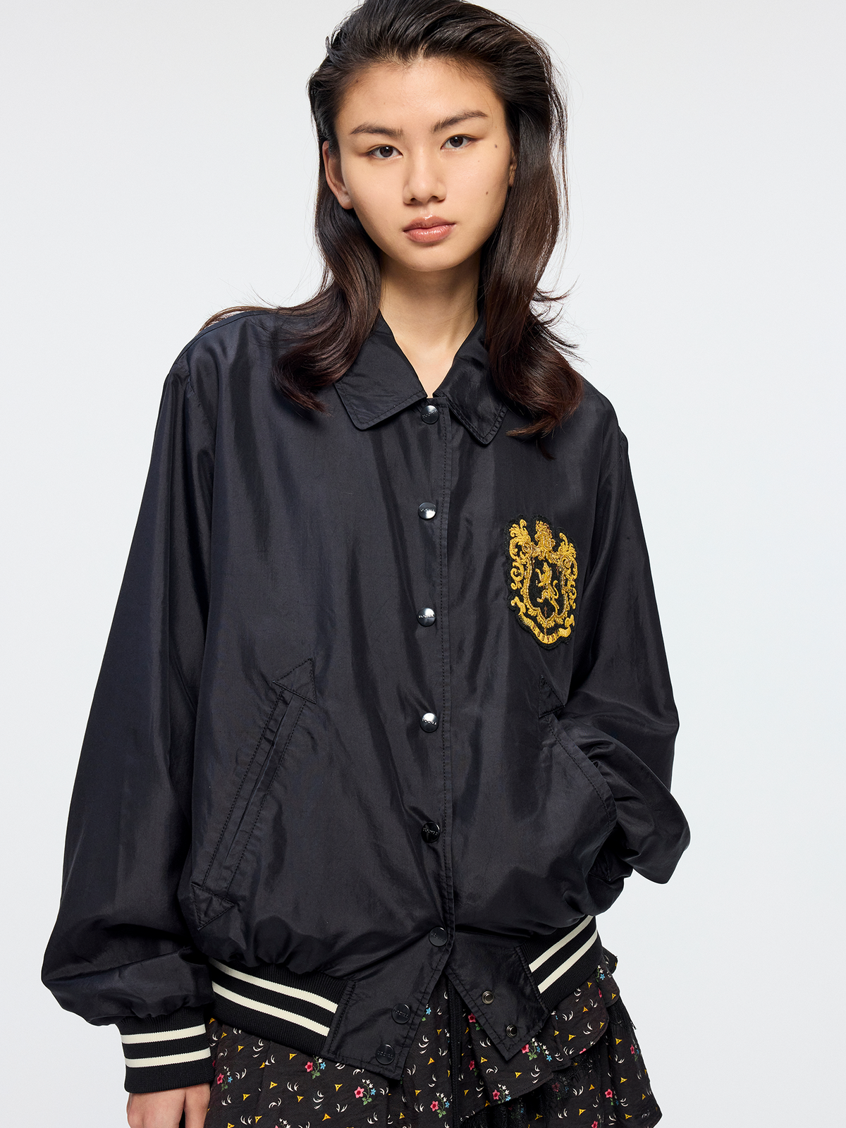 Silk taffeta collegiate varsity jacket
