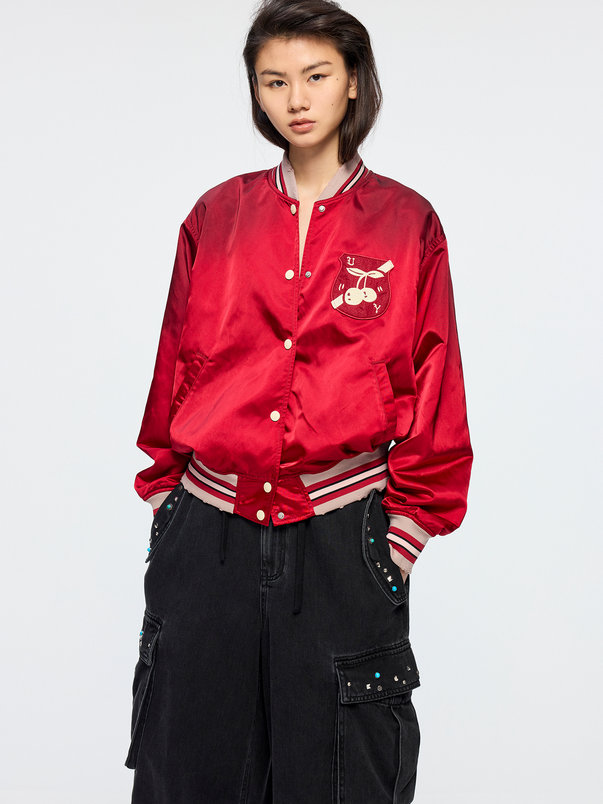 Sporty cherry vintage bomber jacket