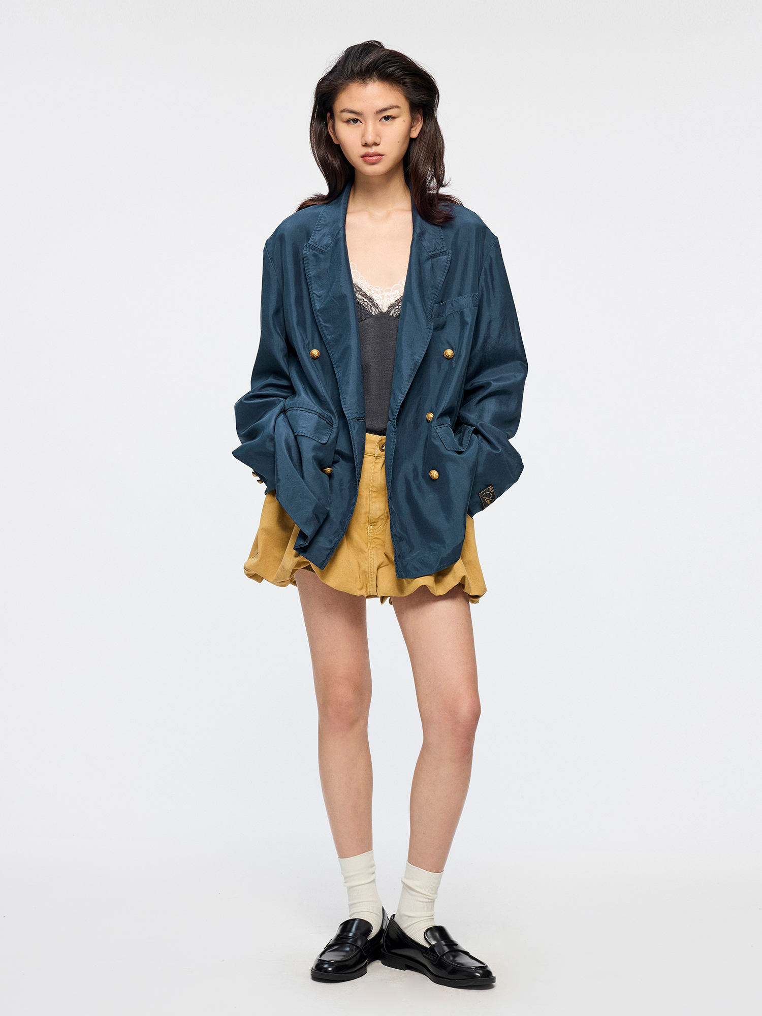 Silk taffeta peak lapel double breasted blazer