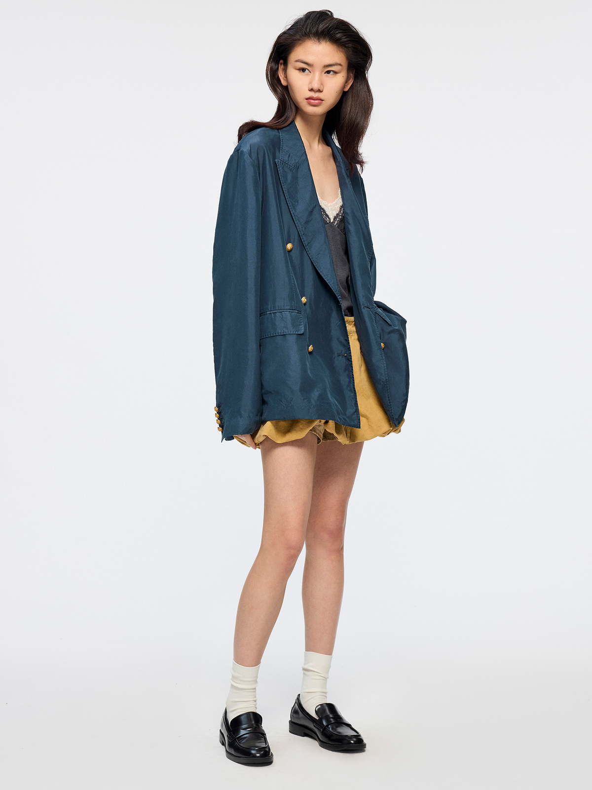 Silk taffeta peak lapel double breasted blazer