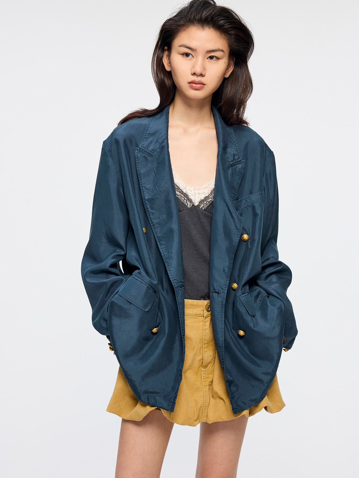 Silk taffeta peak lapel double breasted blazer