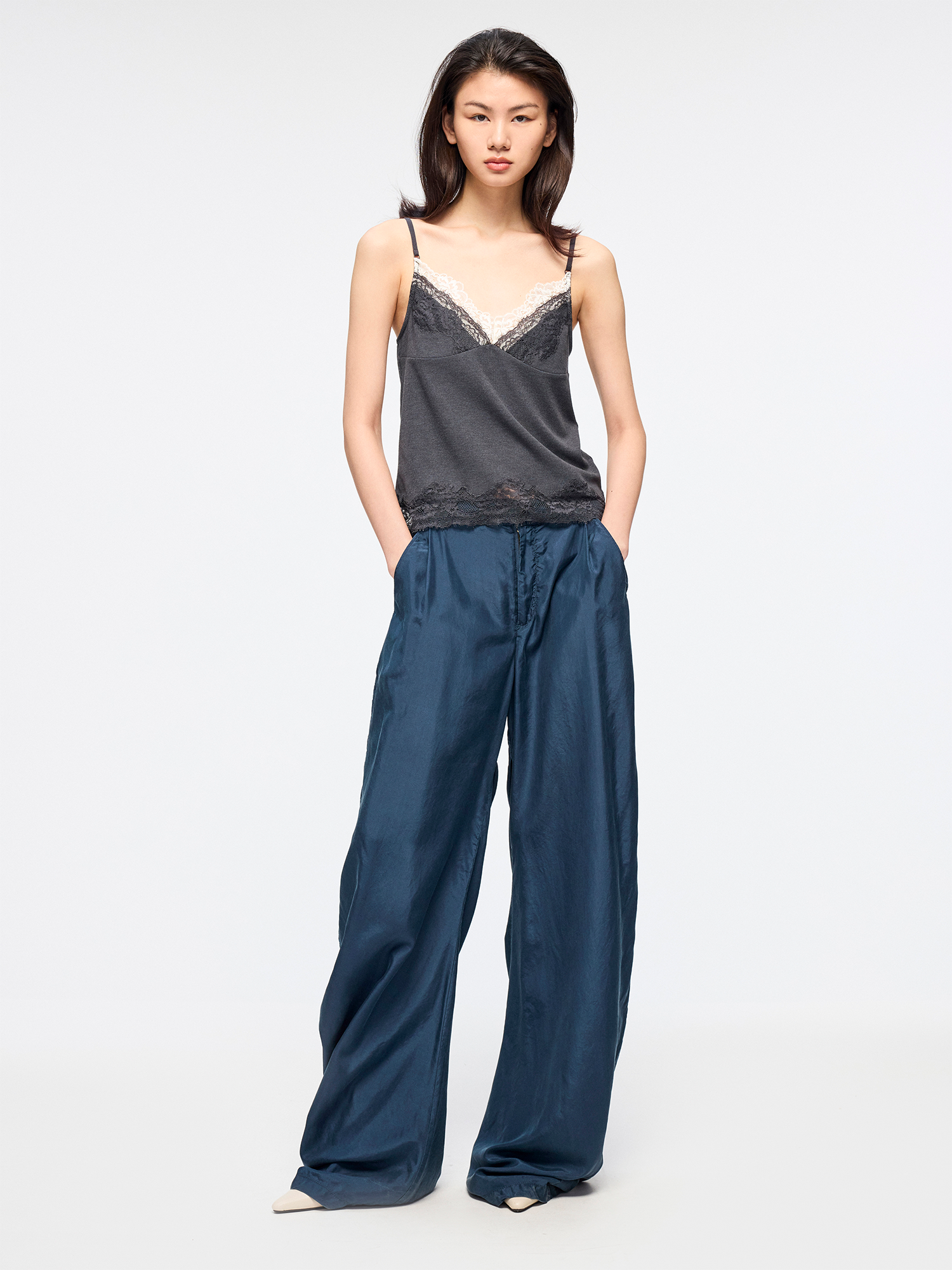 Silk taffeta curved leg trousers