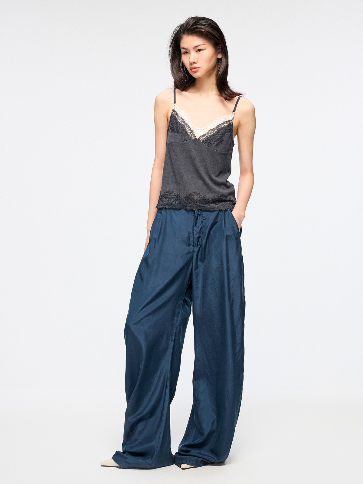 Silk taffeta curved leg trousers