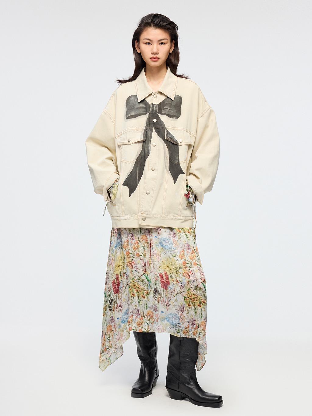 Oil painting bow denim jacket