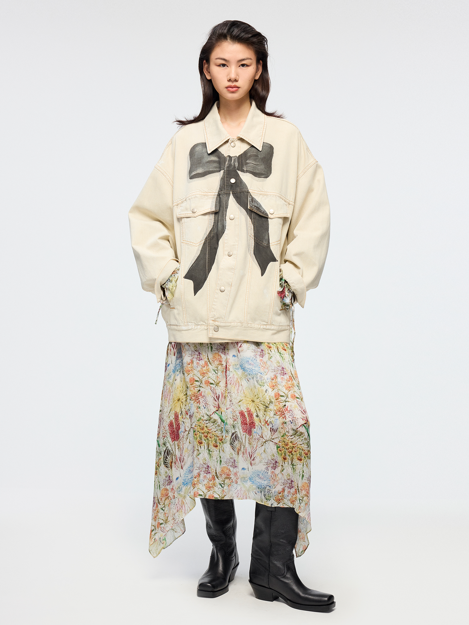 Oil painting bow denim jacket