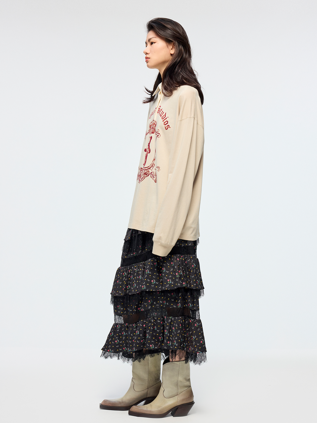 Floral tiered midi skirt