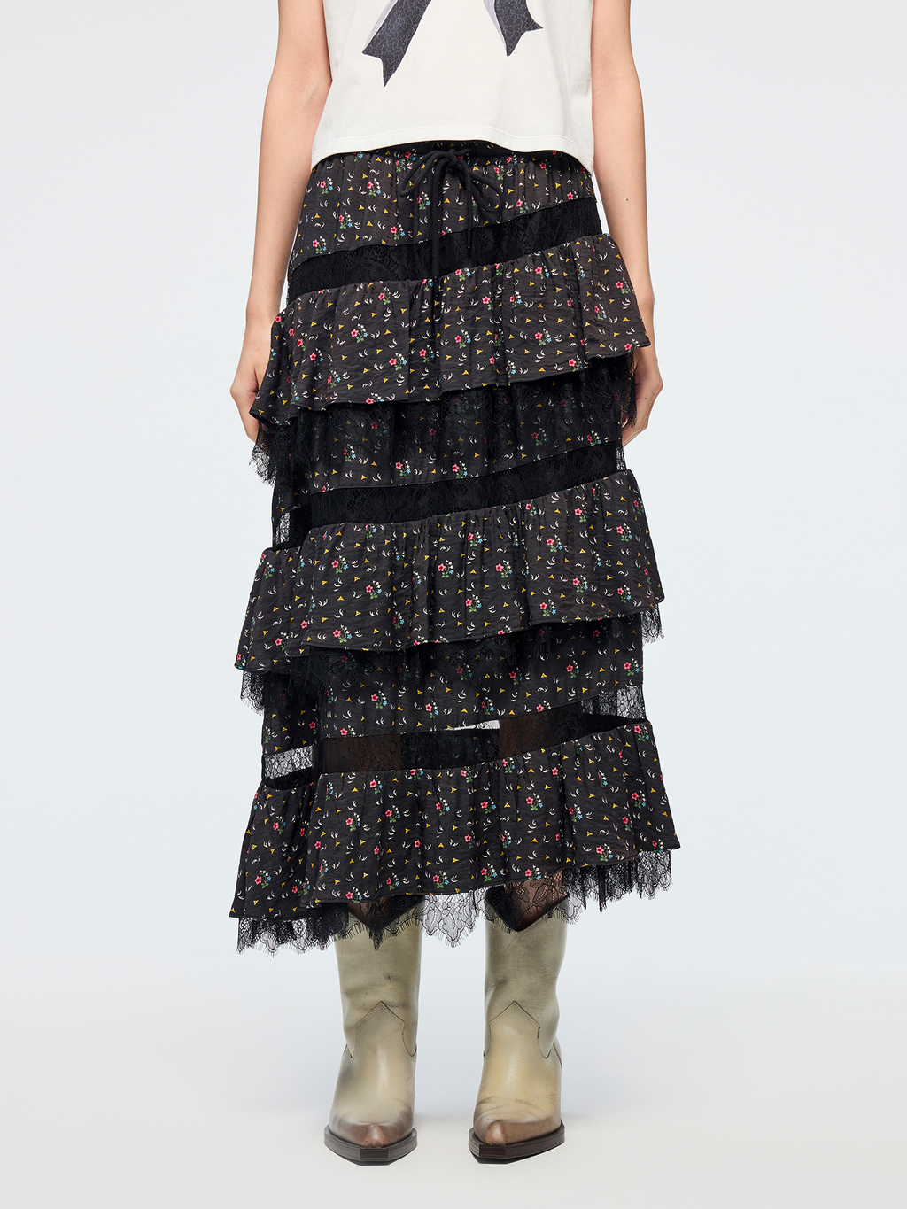 Floral tiered midi skirt