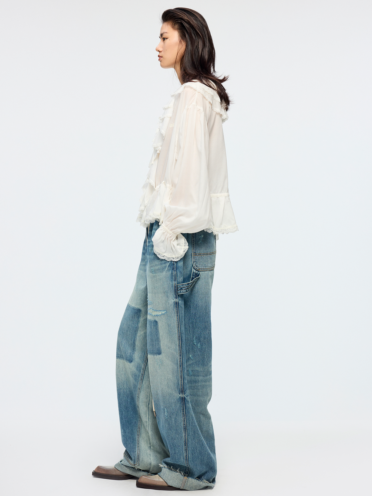 Ruffle collar Tencel shirt