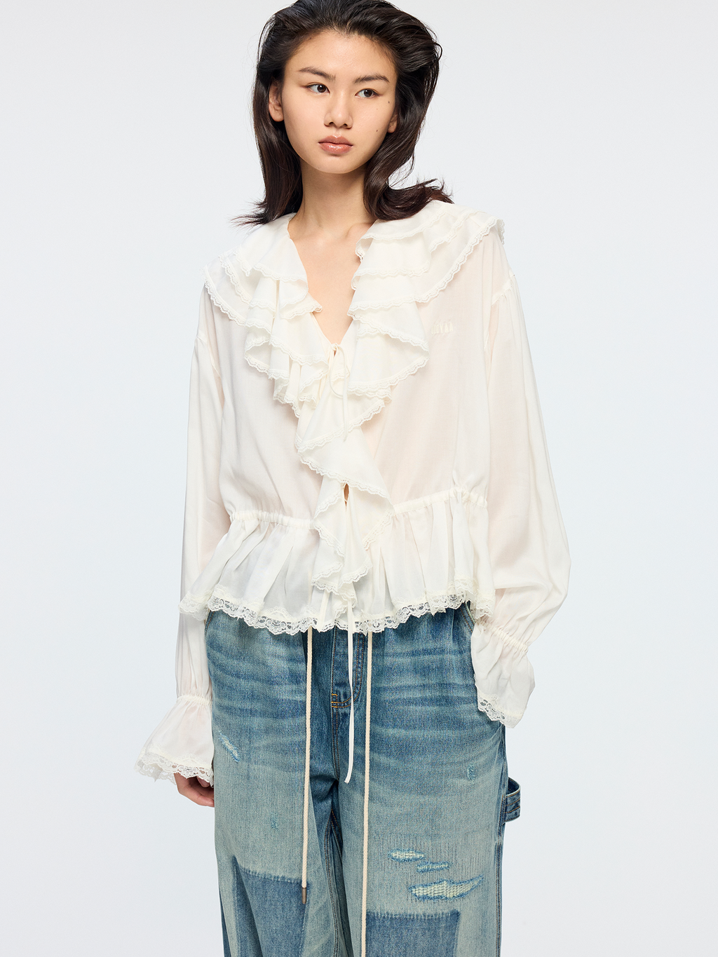 Ruffle collar Tencel shirt