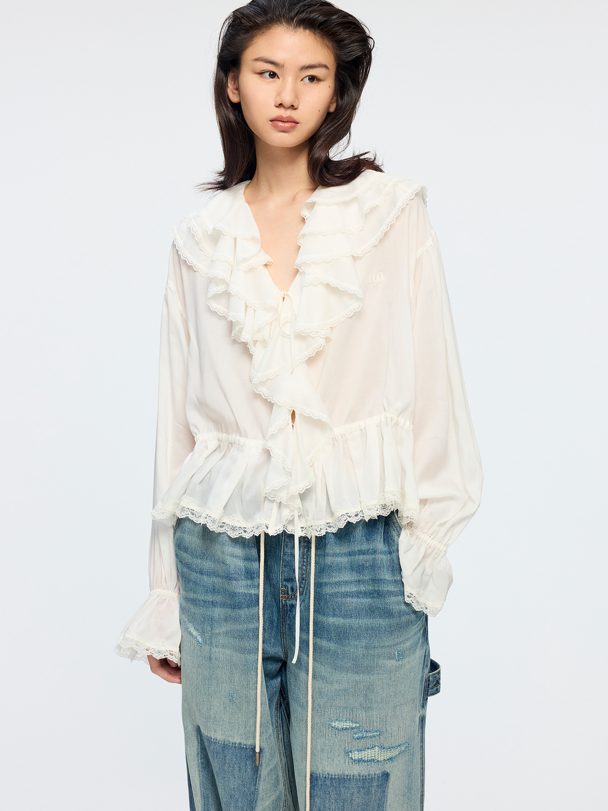 Ruffle collar Tencel shirt