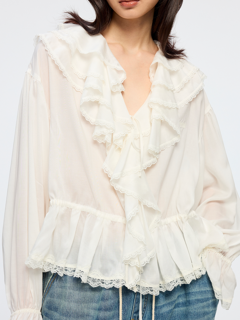 Ruffle collar Tencel shirt