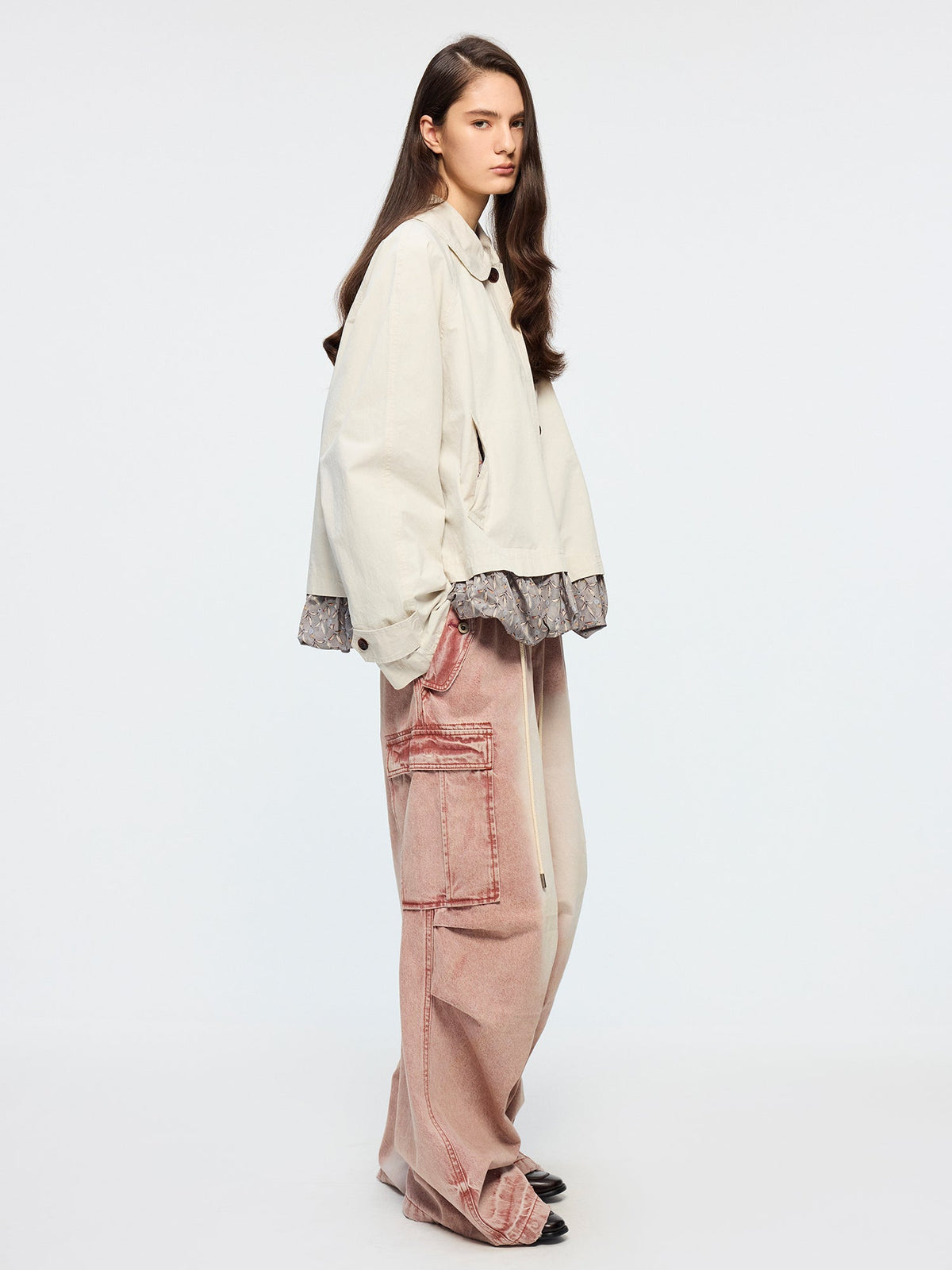 Exposed lining cropped balmacaan coat