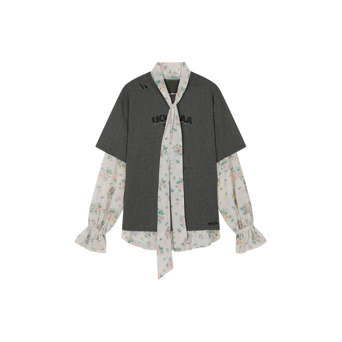 Floral ribbon mock-layer t-shirt
