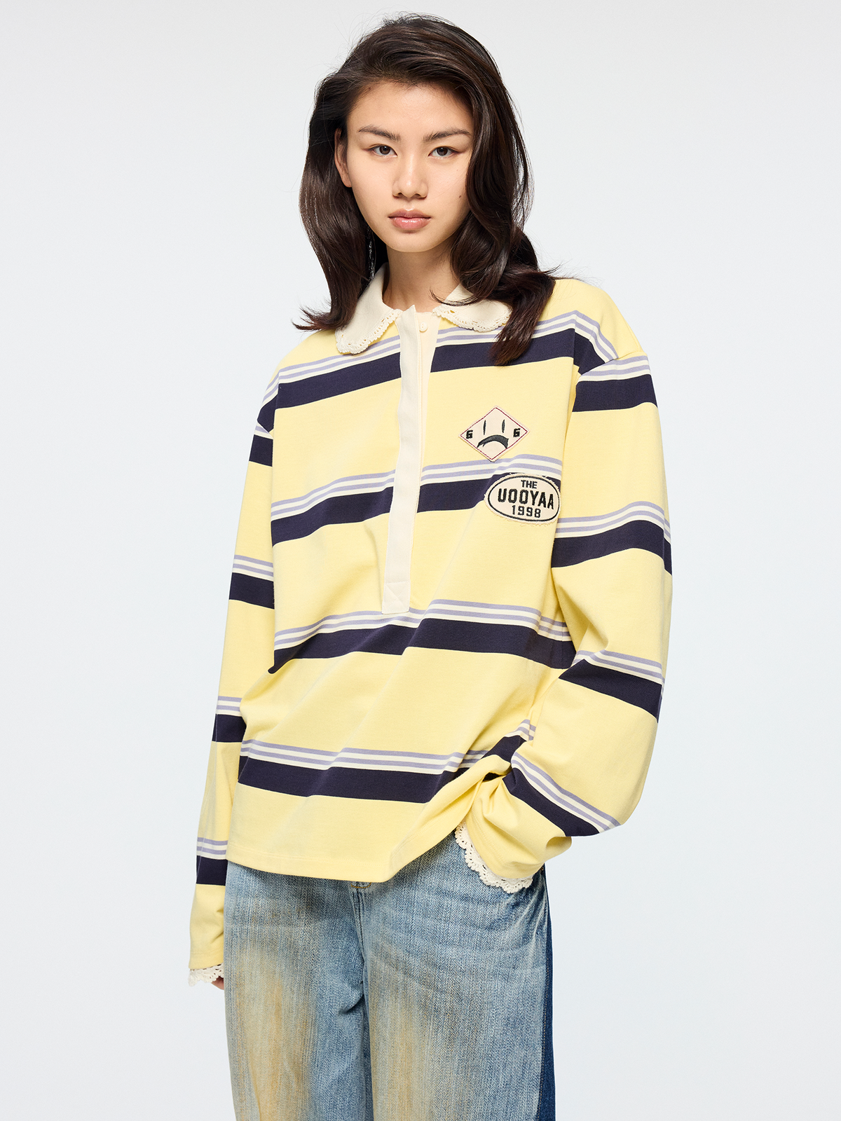 Applique badge Peter Pan collar striped polo