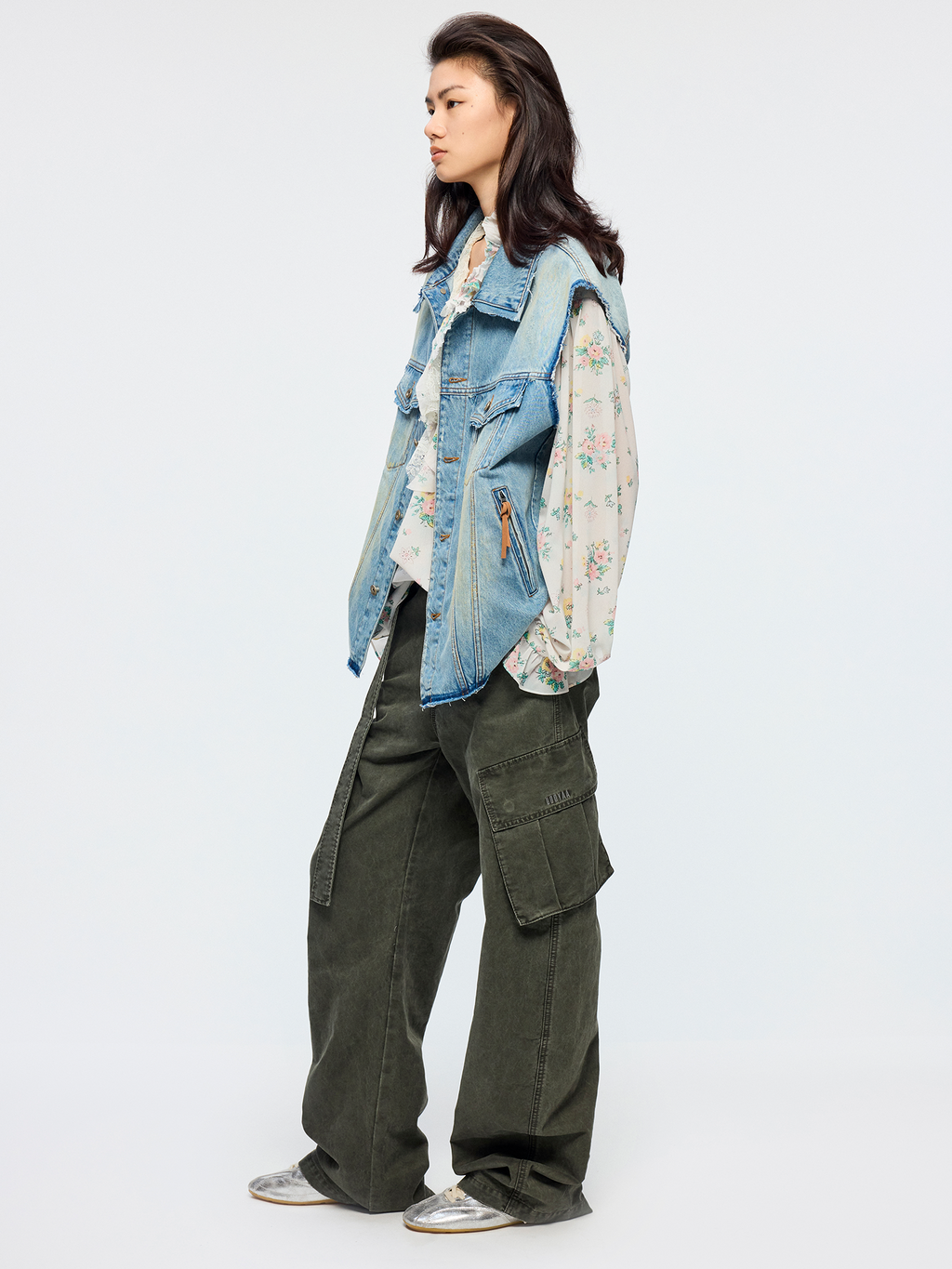 Raw edge patchwork denim vest