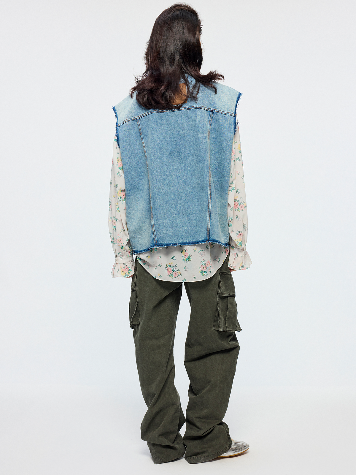 Raw edge patchwork denim vest