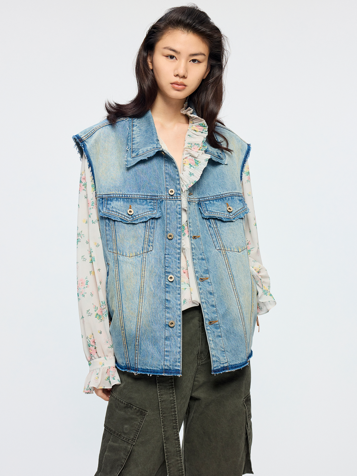 Raw edge patchwork denim vest
