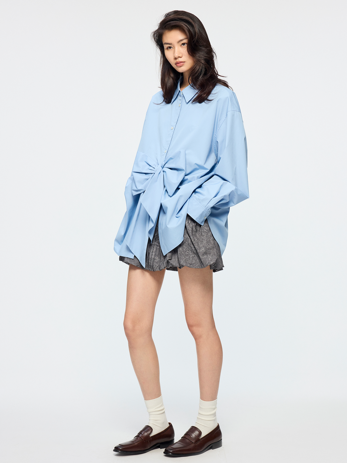 Cold dyed paperbag denim skirt