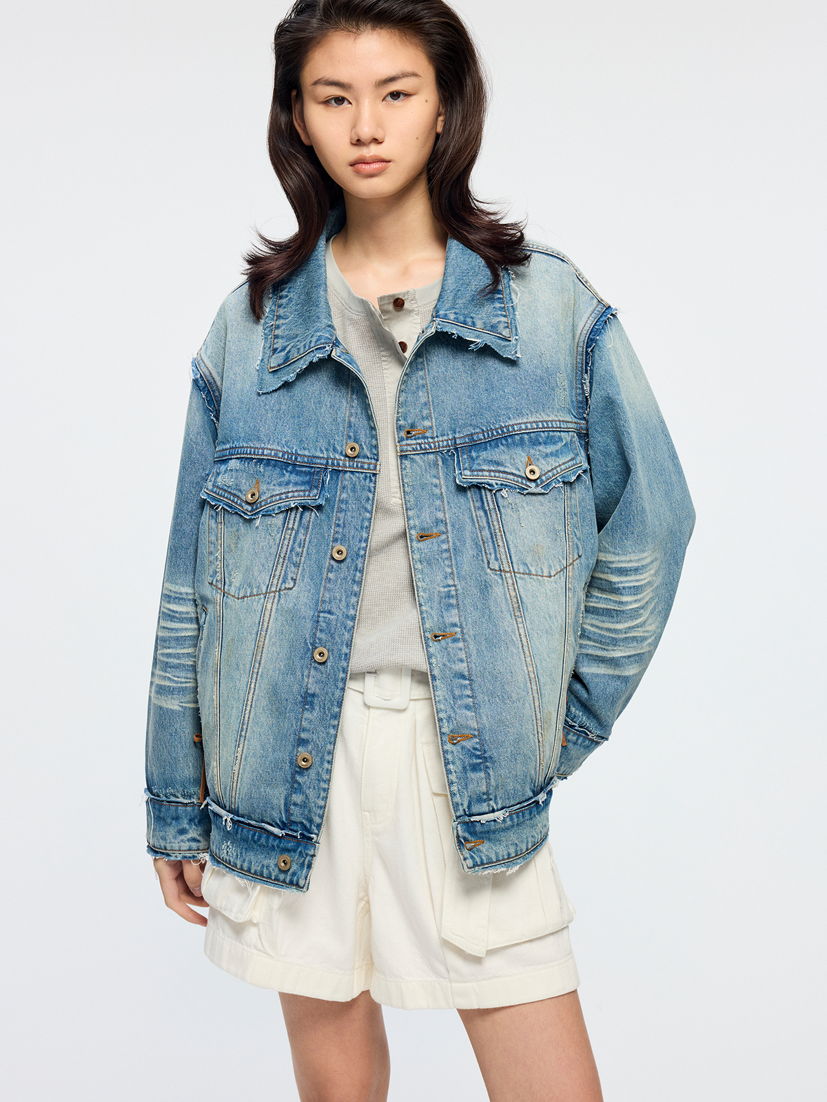Raw edge patchwork denim jacket