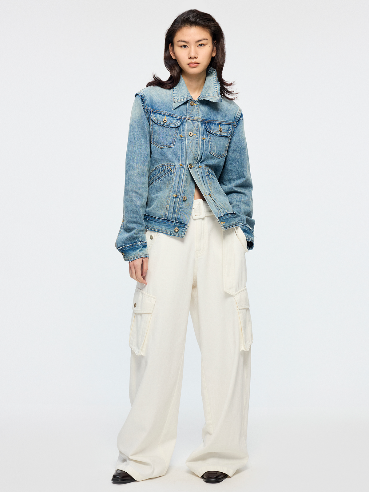Raw edge patchwork vintage denim jacket