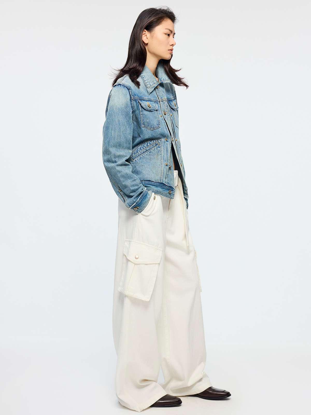 Raw edge patchwork vintage denim jacket