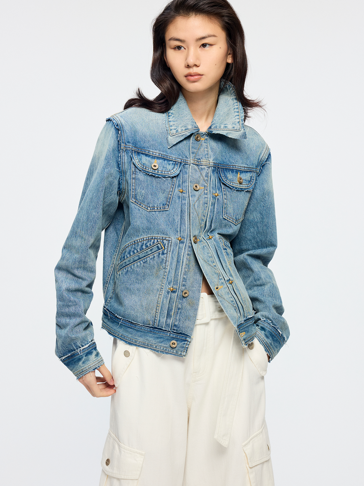 Raw edge patchwork vintage denim jacket