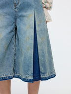 Pleated denim shorts