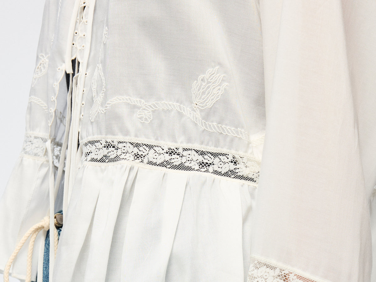 Openwork embroidered tie-front shirt