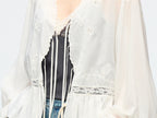 Openwork embroidered tie-front shirt