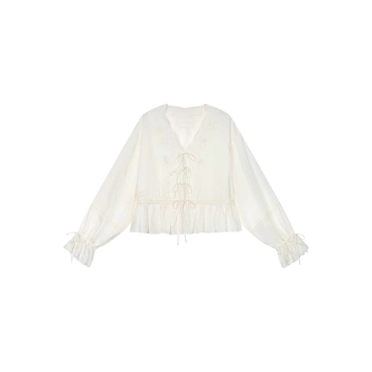 Openwork embroidered tie-front shirt