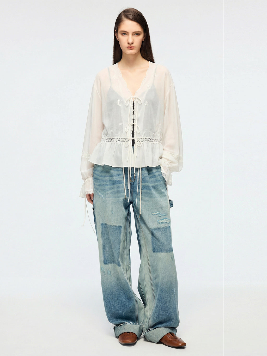Openwork embroidered tie-front shirt