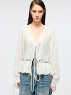 Openwork embroidered tie-front shirt